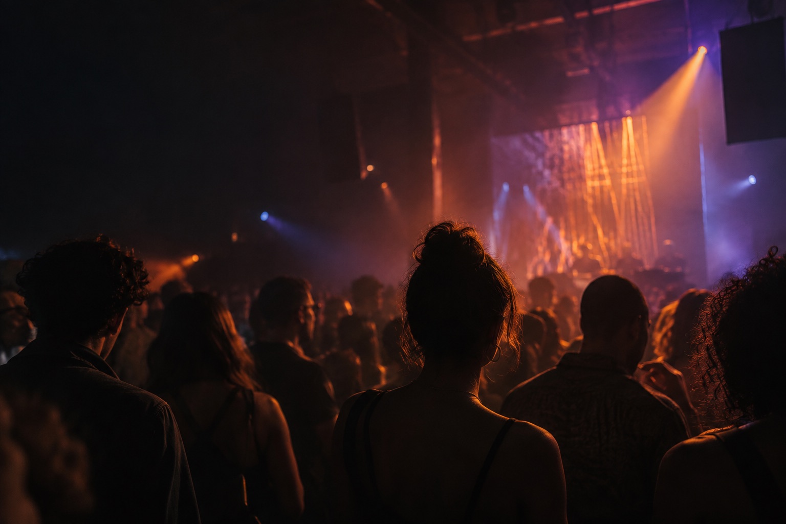 A crowd gathered beneath warm lights at a live electronic music event